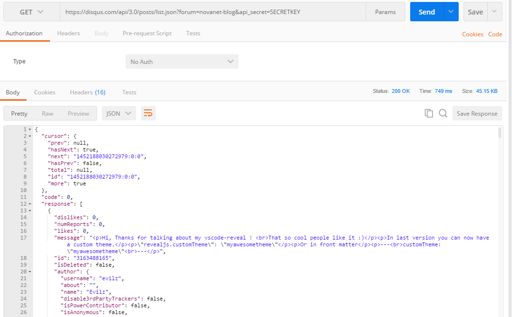 Response from Disqus API request